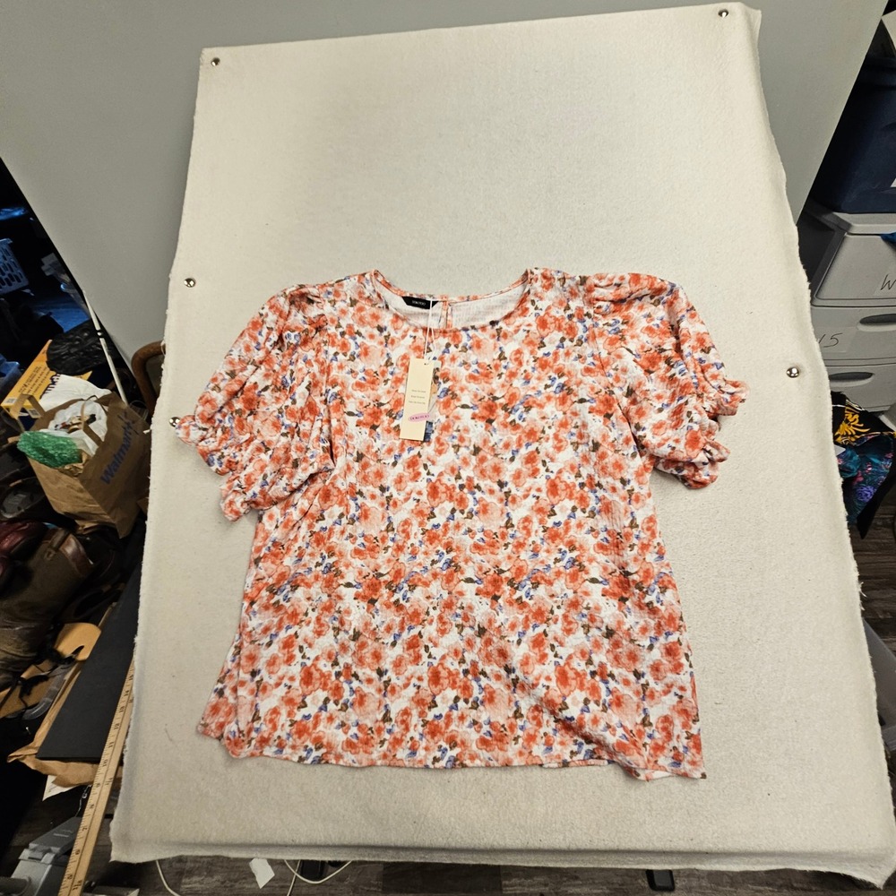 Dokotoo Orange Floral Puff Sleeve Blouse Womens 2XL Crew Neck Textured Top NWT